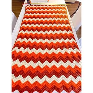 Handmade Zigzag Crochet Afghan Orange and Cream Blanket